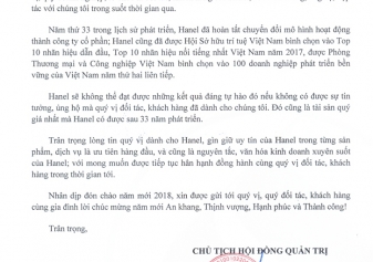 CHỦ TỊCH HĐQT HANEL GỬI THƯ TRI ÂN CÁC DOANH NGHIỆP, TỔ CHỨC, ĐỐI TÁC, KHÁCH HÀNG NHÂN DIP KỶ NIỆM 33 NĂM NGÀY THÀNH LẬP CÔNG TY